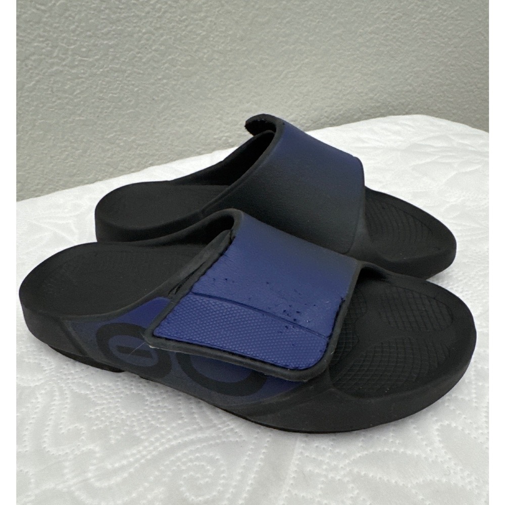 Oofos Slide Sandals Black Blue Adjustable Strap Women's Size 7 - Picture 12 of 13